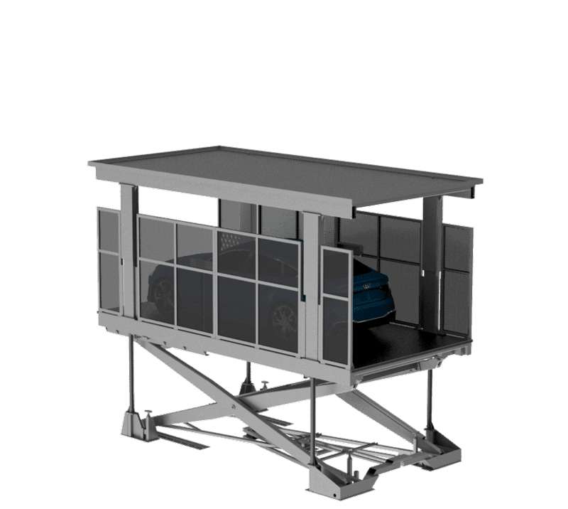 Rendering 3D del sistema Montauto Con Uomo A Bordo - piattaforma elevata con struttura metallica, tetto, finestre, auto blu all'interno